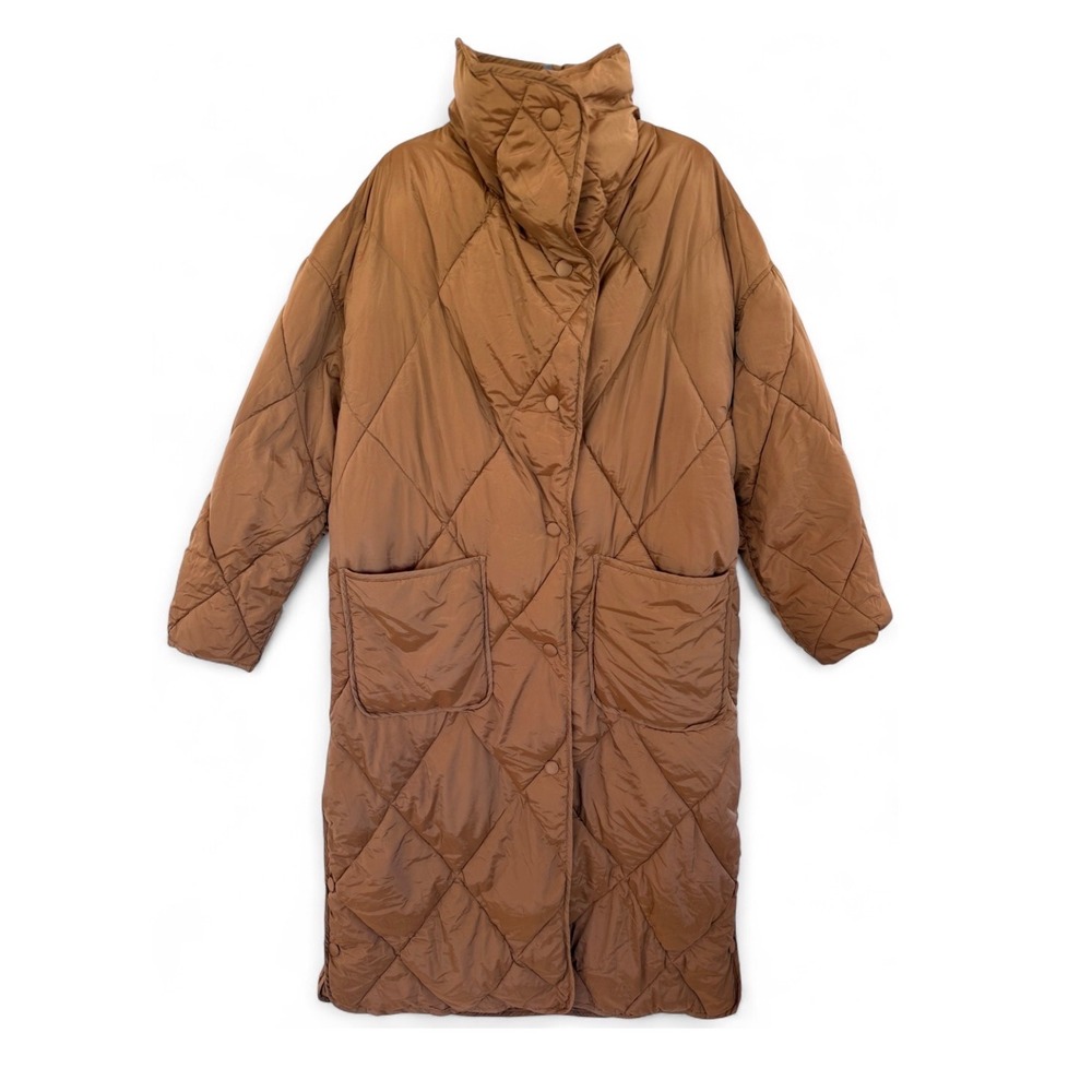 We The Free Free People Diamond Quilted Puffer Coat Brown XL Funnel Neck Long